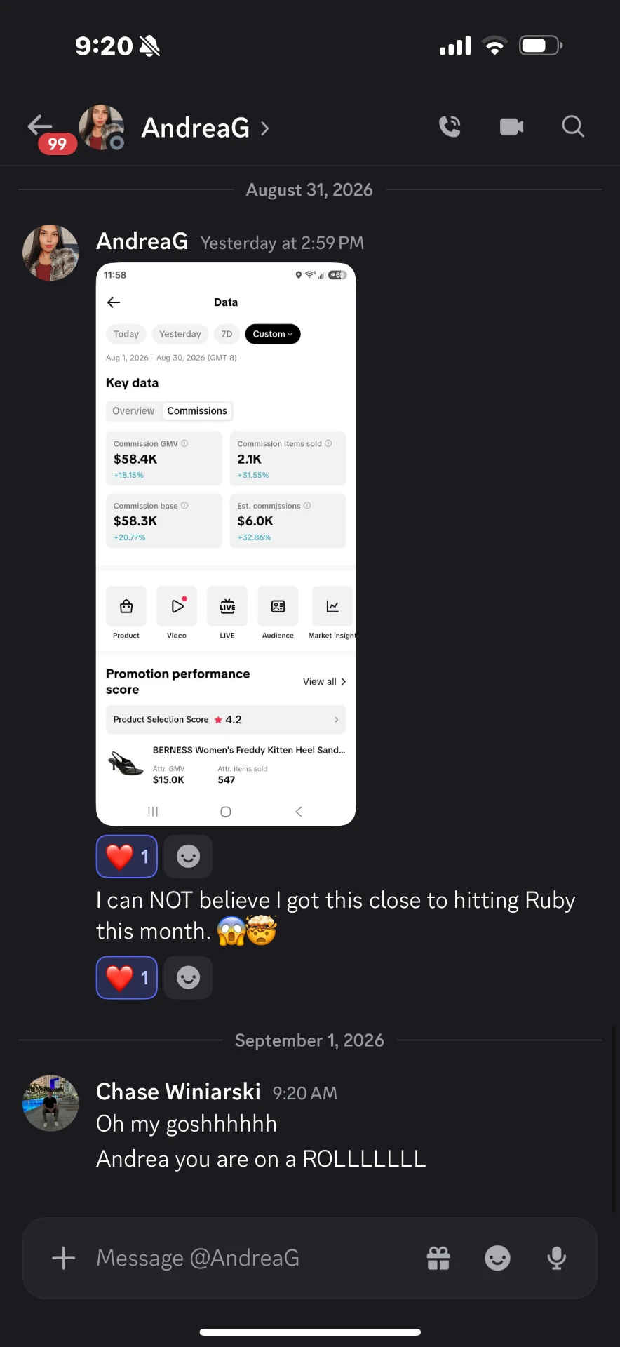 Andrea’s monthly TikTok Shop results showing $58.4K commission GMV and 2.1K items sold