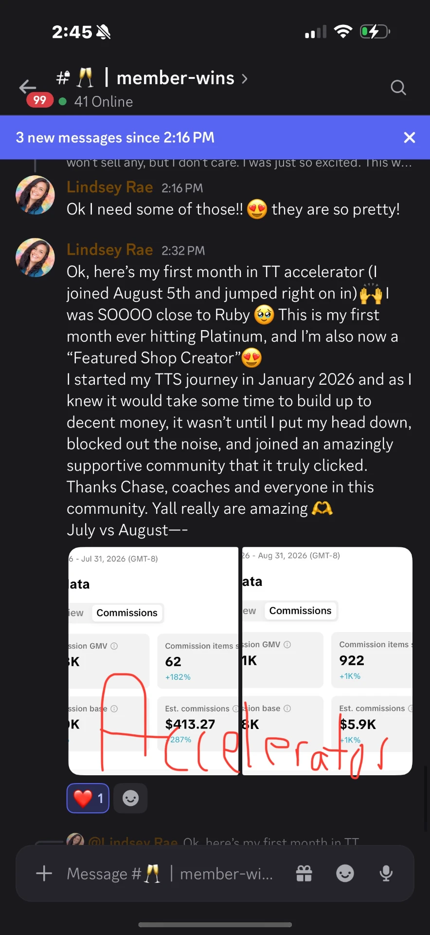 Lindsey’s first month in The Accelerator showing Platinum level and August growth