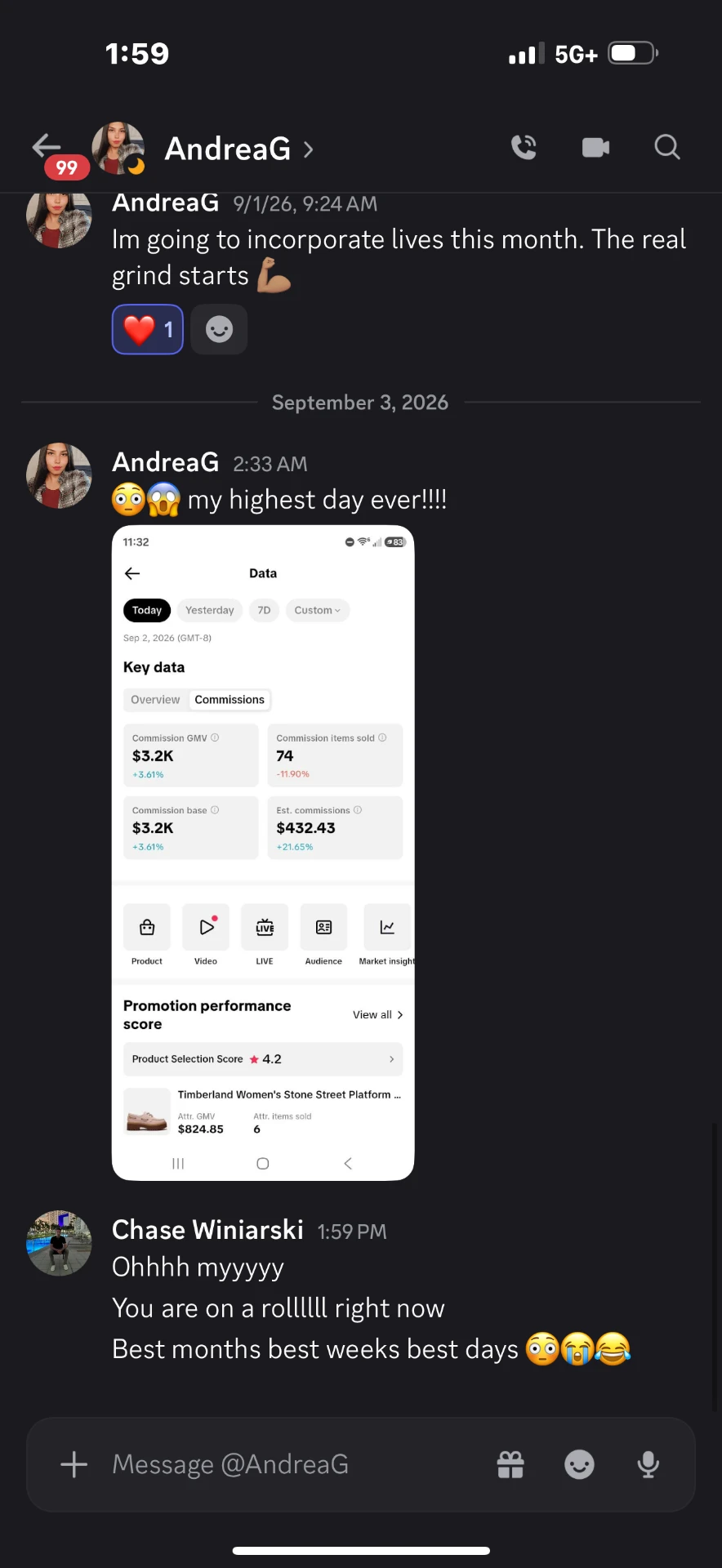 Andrea’s highest day ever showing $3.2K commission GMV and 74 items sold