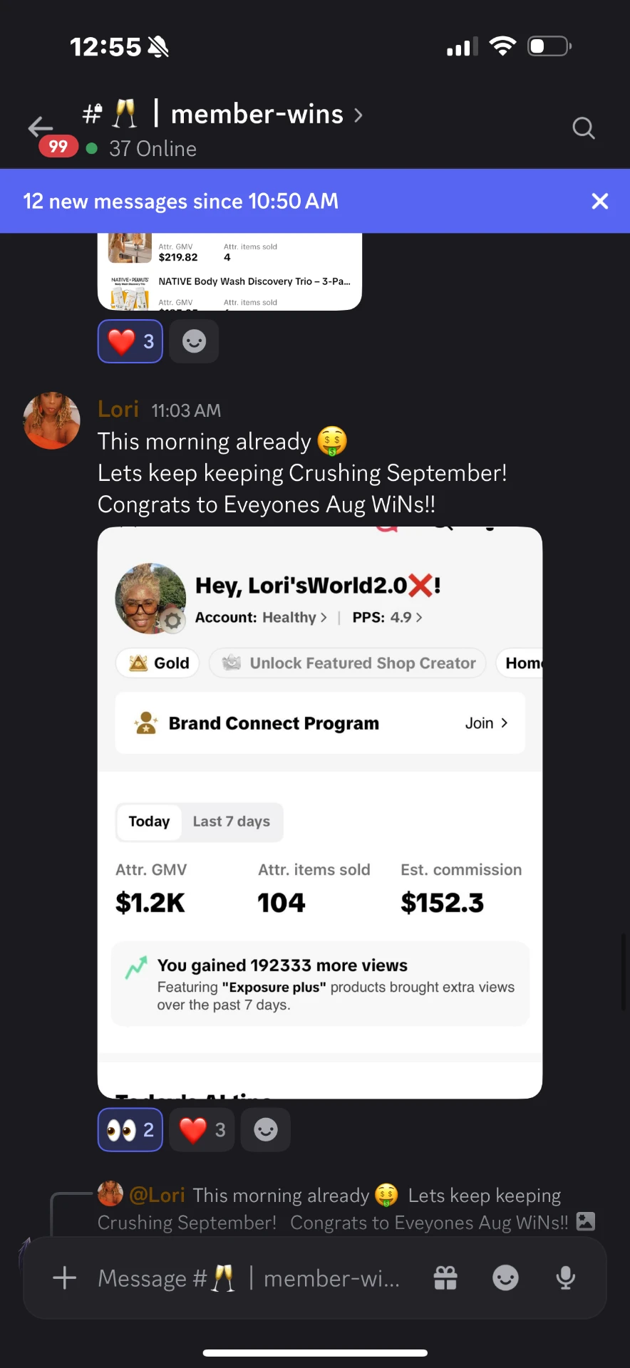 Lori’s TikTok Shop daily result showing $1.2K attributed GMV, 104 items sold and $152.30 estimated commission