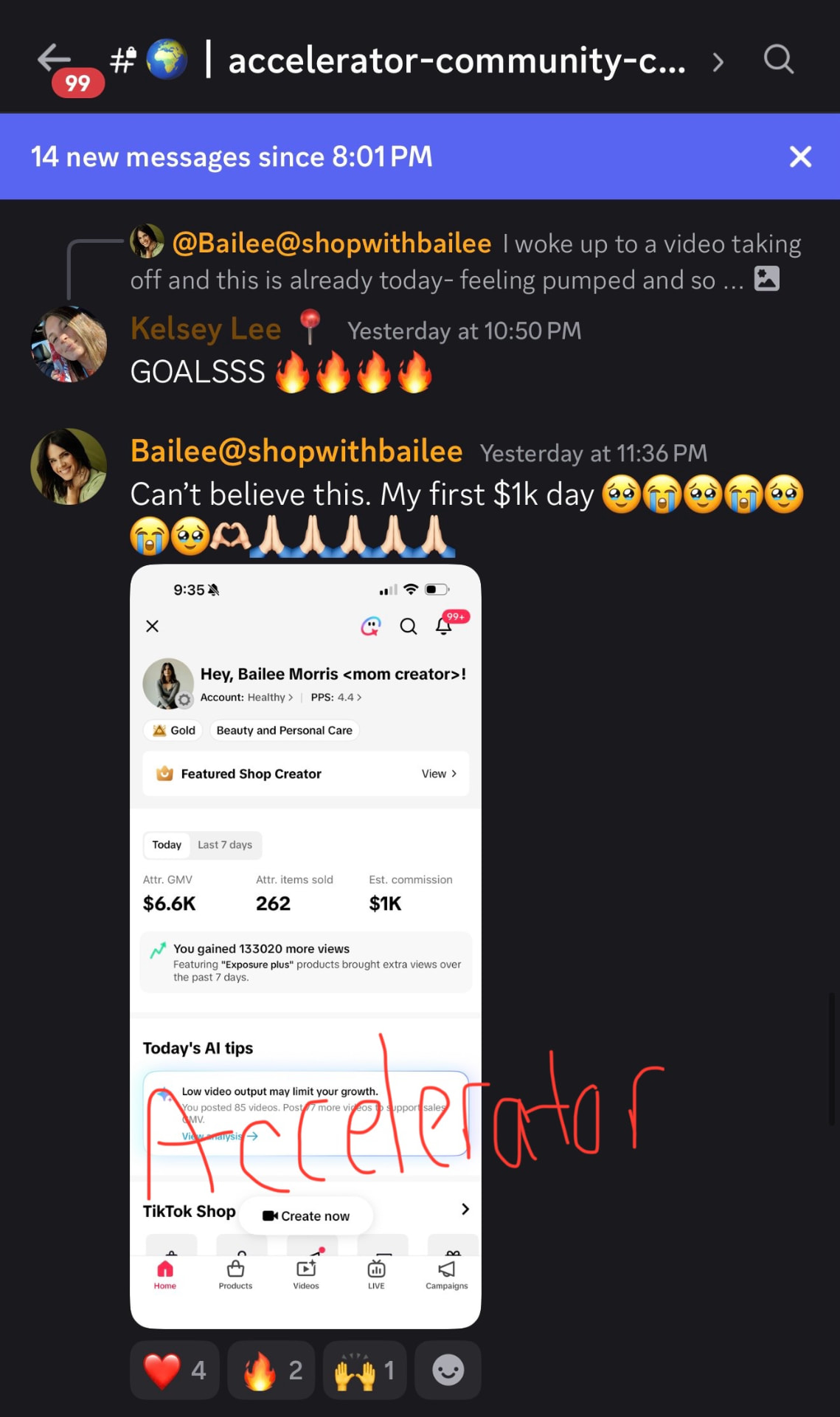 Bailee’s first $1K day showing $6.6K attributed GMV, 262 items sold and $1K estimated commission