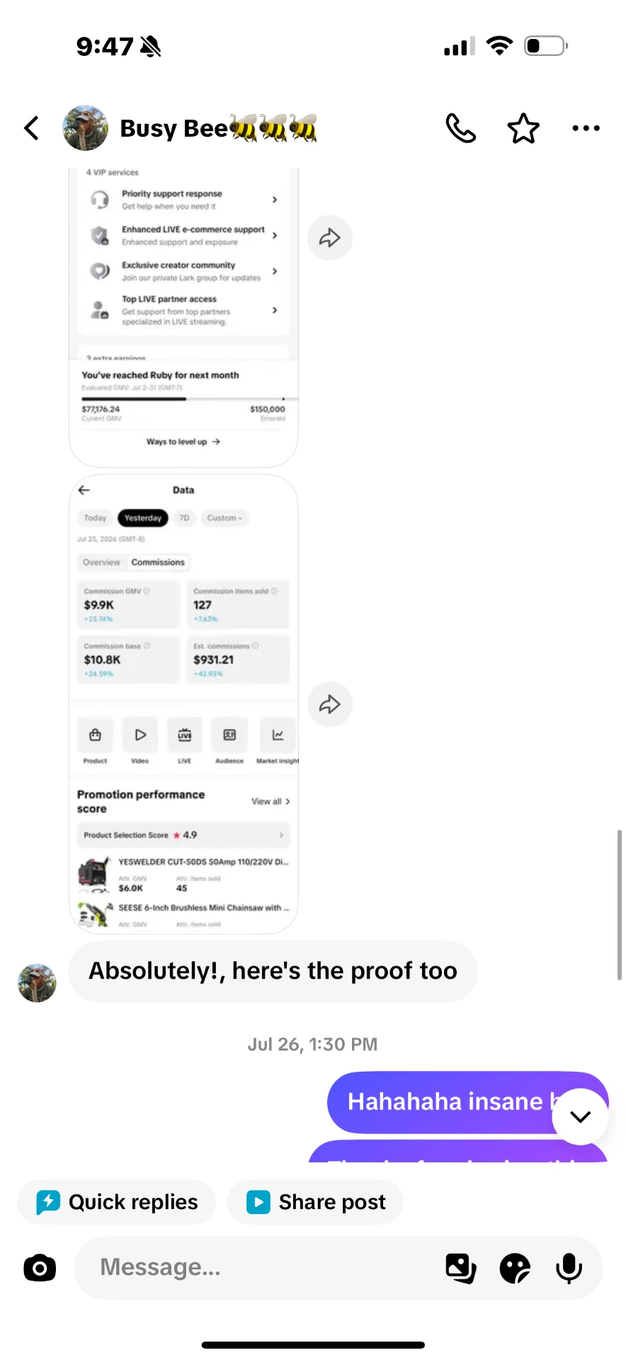 Eli’s one-day TikTok Shop results showing $9.9K commission GMV, 127 items sold and $931.21 estimated commission