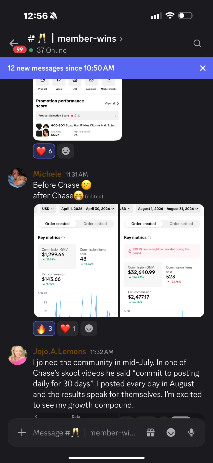 Michele’s before-and-after monthly GMV comparison showing growth from $1.3K to $32.6K
