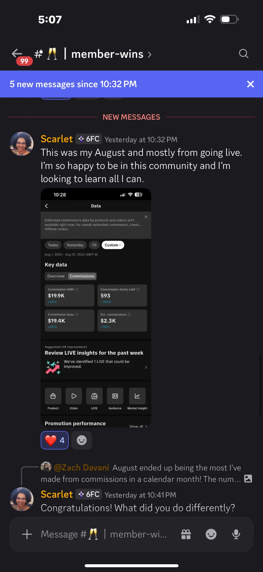 Scarlet’s August TikTok Shop results showing $19.9K commission GMV from live selling