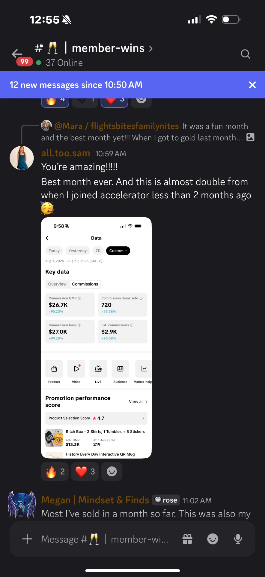 Sam’s personal-best month showing $26.7K commission GMV and 720 items sold
