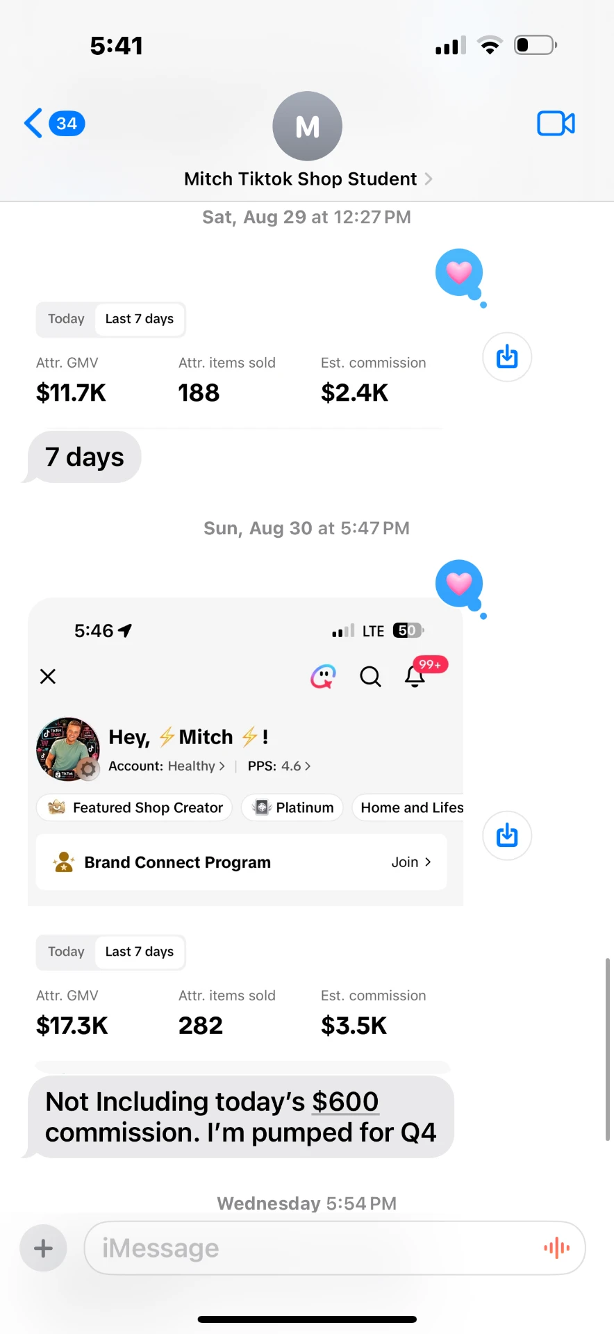 Mitch’s TikTok Shop results showing $11.7K attributed GMV in seven days and a later $17.3K screenshot